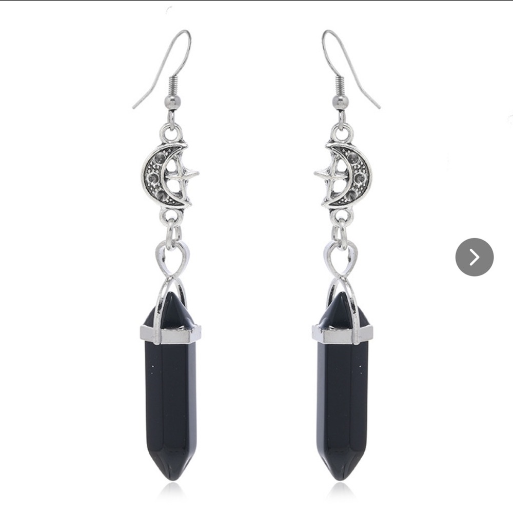 Silver Moon & Black Crystal Dangle Earrings - NWOT